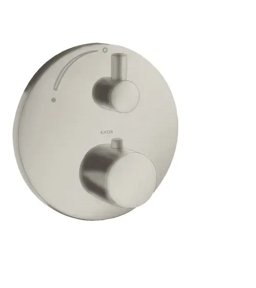 Thermostat für die Wandmontage in Edelstahl-Optik von AXOR, bestehend aus zwei Reglern zur Temperatur- und Wasserflussregelung.